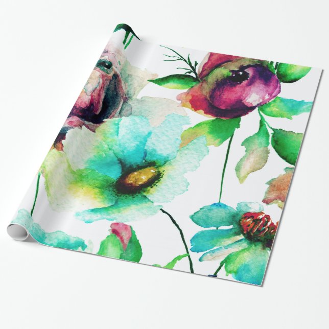 Papier Cadeau Pastel Aquarelles Roses & Fleurs Motif (Déroulé)