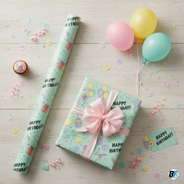 Papier Cadeau Pastel Balloons & Cupcakes Happy Birthday (Créateur téléchargé)