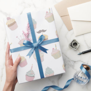 Papier Cadeau Pastel Cupcake Mustache Motif