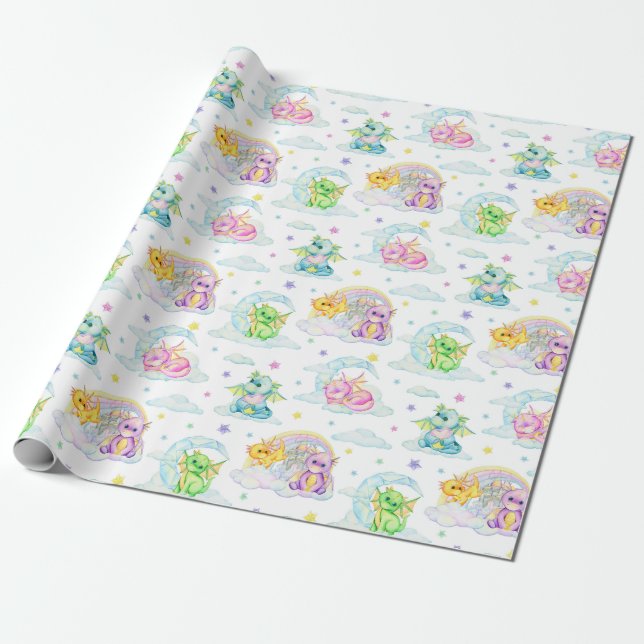 Papier Cadeau Pastel Cute Dragons Et Rainbows (Déroulé)