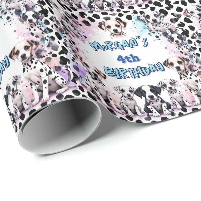 Papier Cadeau Pastel Dalmatian Chiot Aquarelle Anniversaire (Coin rond)