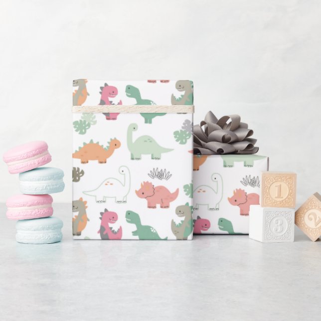 Papier Cadeau Pastel Dinosaures sur l'Arrière - plan blanc (Baby Shower)