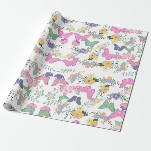 Papier cadeau Pastel Floral Papillons (Déroulé)