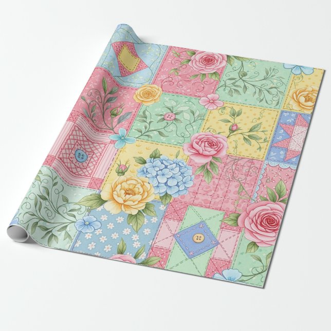 Papier Cadeau Pastel Floral Patchwork Picnic Pattern (9) (Déroulé)