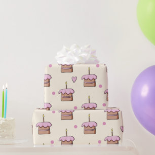 Papier Cadeau Pastel gâteau jaune et rose et coeur anniversaire