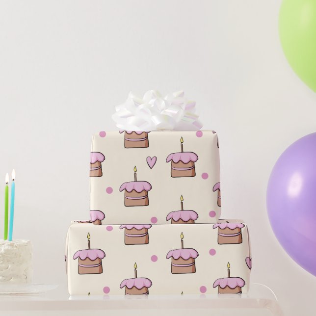 Papier Cadeau Pastel gâteau jaune et rose et coeur anniversaire (Cadeaux de fête)