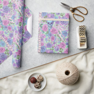 Papier Cadeau Pastel Goth Floral Crâne et os Roses