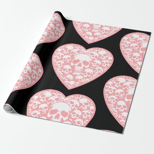 Papier Cadeau pastel goth valentines crâne de coeur rose (Déroulé)