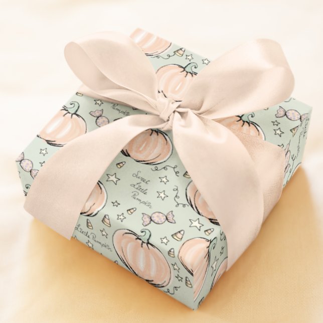 Papier Cadeau Pastel Green Sweet Little Citrouille Baby (Cute Pastel Baby Halloween or Autumn Baby Shower Pattern of Orange Pumpkins, Candy, & Little Stars.)