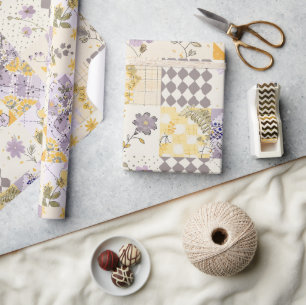 Papier Cadeau Pastel lilas jaune patchwork gingham Cottagecore 
