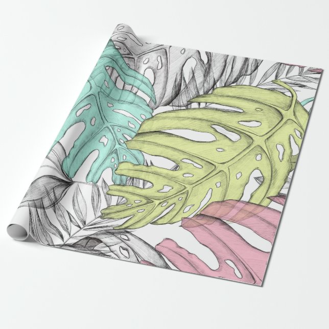 Papier Cadeau Pastel monstera feuille de palmier aquarelle tropi (Déroulé)