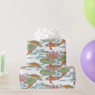 Papier Cadeau Pastel Orange Koi Poisson Fleur Rose Jardin de pri