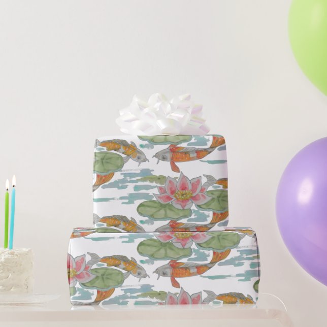 Papier Cadeau Pastel Orange Koi Poisson Fleur Rose Jardin de pri (Cadeaux de fête)
