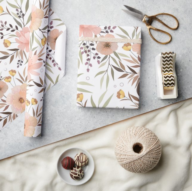 Papier Cadeau Pastel Peach Olive Floral Feuille Motif (Artisanat)