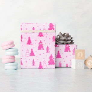 Papier Cadeau Pastel Pink Christmas Tree Falling Neige élégant