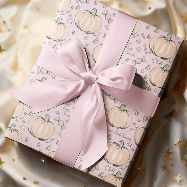 Papier Cadeau Pastel Pink Sweet Little Citrouille Baby (Adorable Baby Halloween Illustrations Hand-drawn by Nathalie Portet. Soft Pastel Pink Background. )