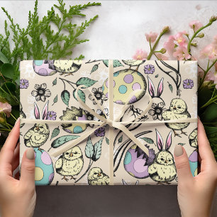 Papier Cadeau Pastel Poussins de Pâques & Oreilles de lapin, Oeu