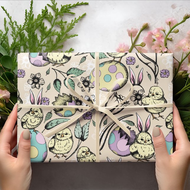 Papier Cadeau Pastel Poussins de Pâques & Oreilles de lapin, Oeu (Créateur téléchargé)