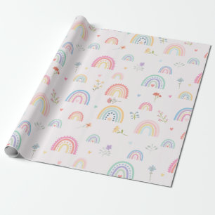 Papier Cadeau Pastel Rainbows Girly Fleurs sauvages & Coeurs
