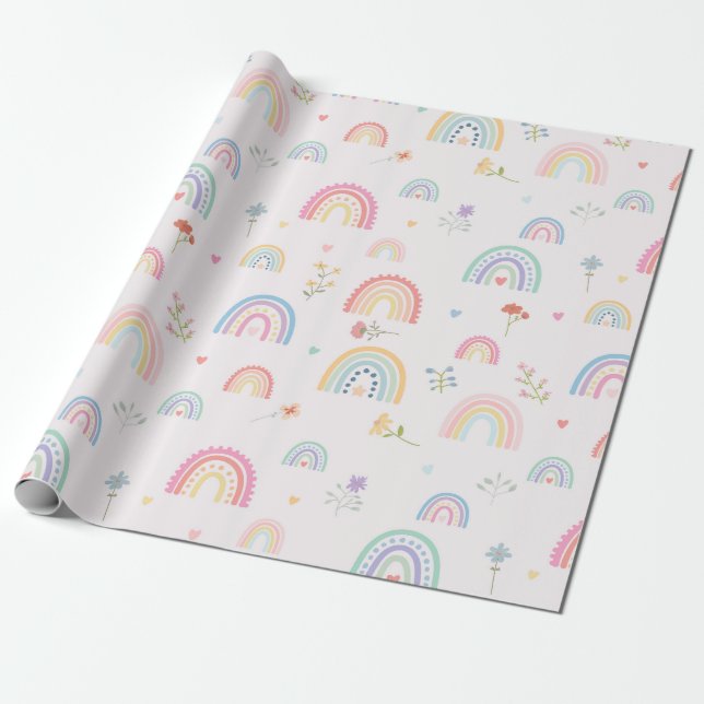 Papier Cadeau Pastel Rainbows Girly Fleurs sauvages & Coeurs (Déroulé)