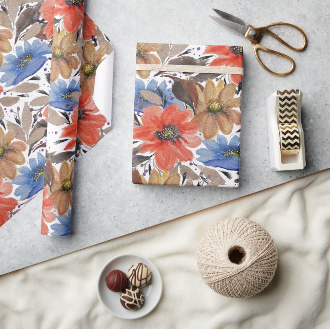 Papier Cadeau Pastel Terracotta Blue Floral Aquarelle Motif (Artisanat)