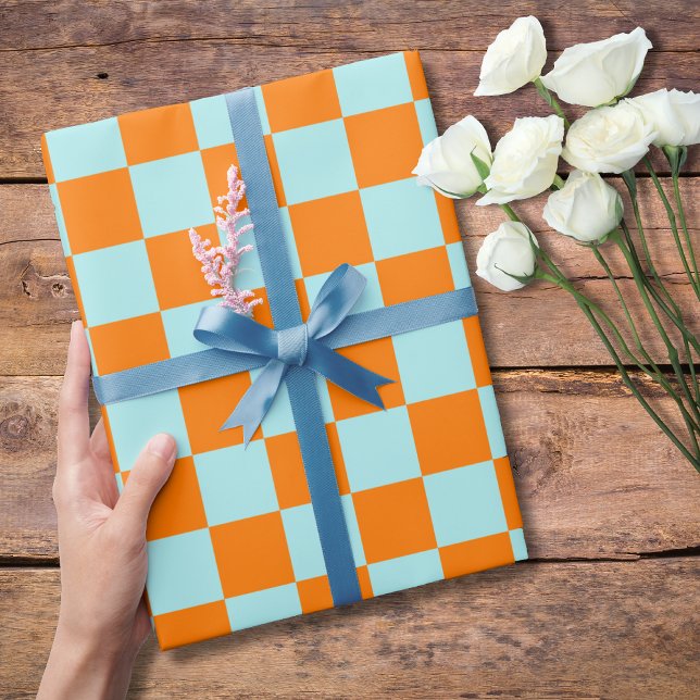 Papier Cadeau Pastel Turquoise Orange À damiers Checkerboard (Créateur téléchargé)