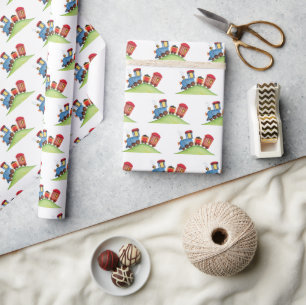 Papier Cadeau Pastel Watercolor Train Rouge Bleu Anniversaire