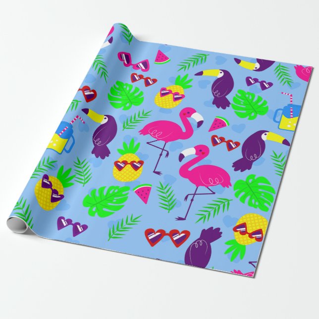 Papier Cadeau pastèque tropicale flamingo toucan (Déroulé)
