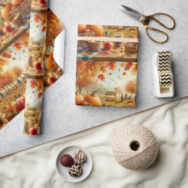 Papier Cadeau Patch Citrouille d'automne Feuille orange (Artisanat)