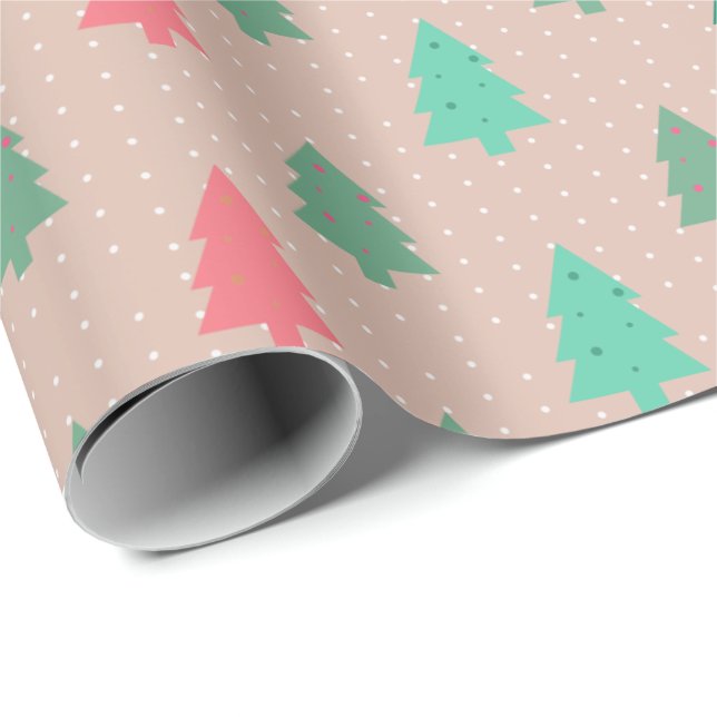 Papier Cadeau Patchwork Arbres de Noël rose (Coin rond)