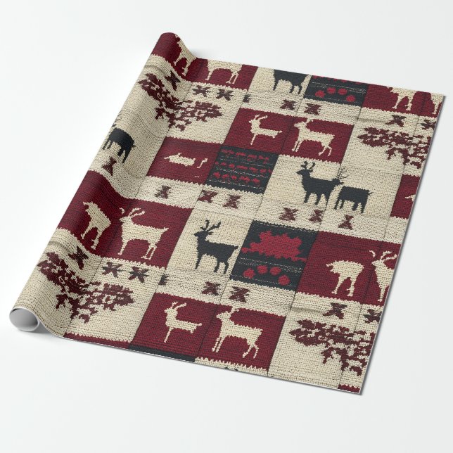 Papier Cadeau Patchwork croisé rustique | Folk Holiday Motif (Déroulé)
