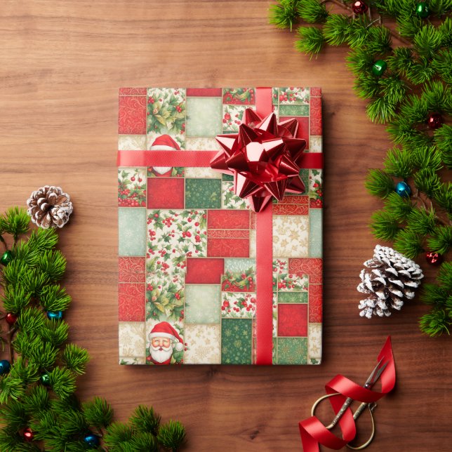 Papier Cadeau Patchwork de Noël en rouge et vert (Cadeau de vacances)