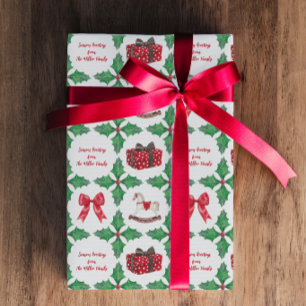 Papier Cadeau Patchwork de Noël personnalisé au houx de famille