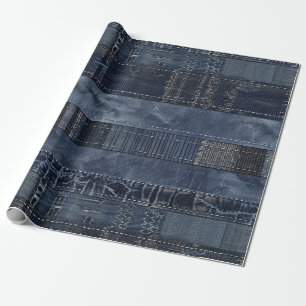 Papier Cadeau Patchwork en Denim Indigo Rustique