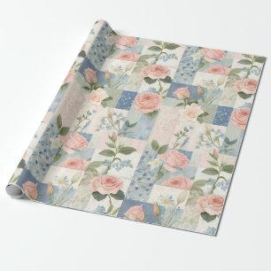 Papier Cadeau Patchwork Rose Et Bleu Fleur Doux Et Délicat