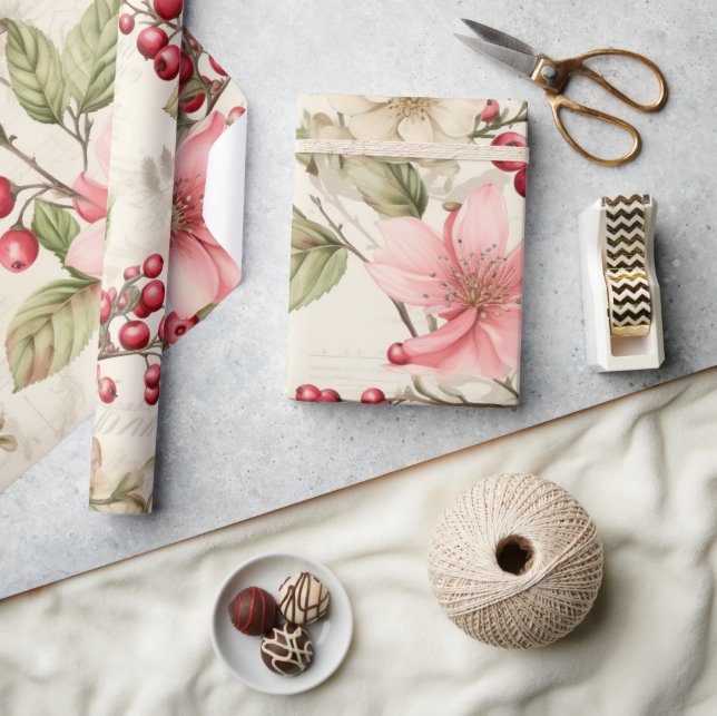Papier Cadeau Patel Rouge Vert rose Poinsettia Noël (Artisanat)