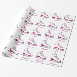 Papier Cadeau Patin de glace personnalisable nommé avec le rose
