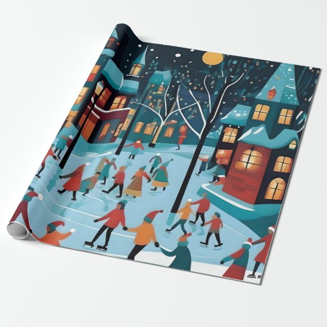 Papier Cadeau Patinage sur glace de Noël. (Déroulé)