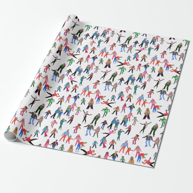 Papier Cadeau Patineurs de glace Noël Joie Enveloppement Papier (Déroulé)