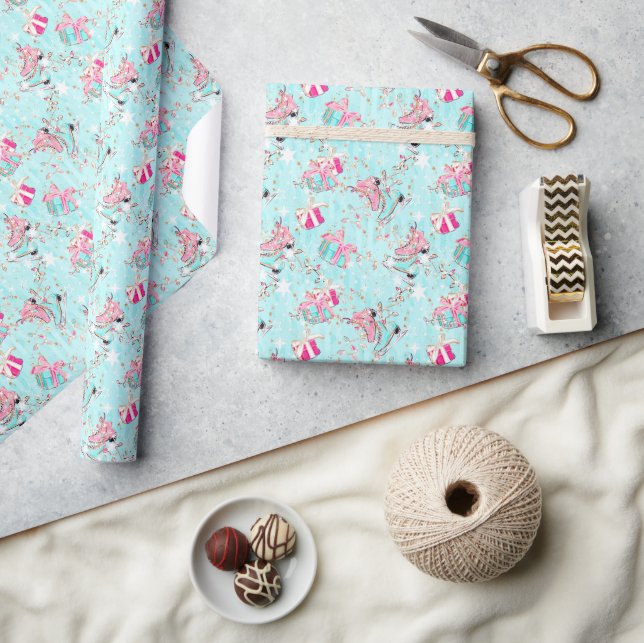 Papier Cadeau Patins et cadeaux de Noël Pink & Aqua (Artisanat)