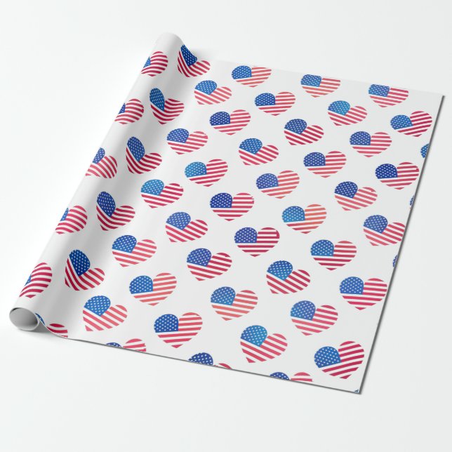 Papier Cadeau Patriotique Rouge Blanc Bleu Étoiles Rayures Coeur (Déroulé)