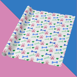 Papier Cadeau Patte de chien rose Os bleus Cœurs verts Motif Woo