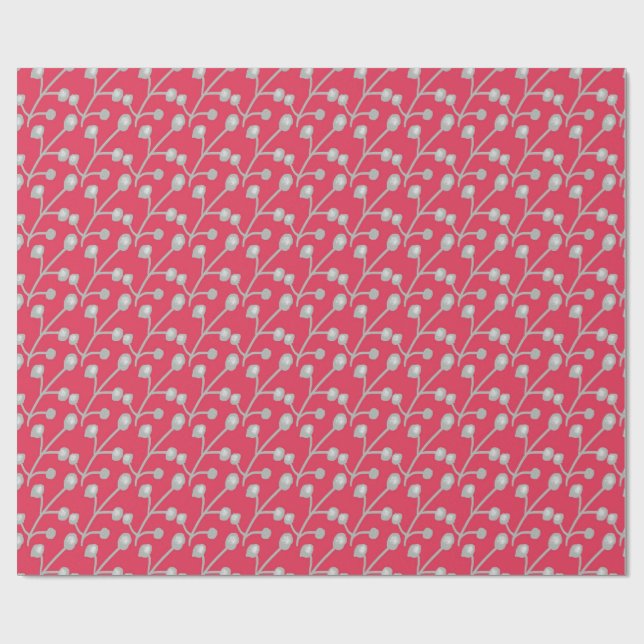 Papier Cadeau Patterned Silver-Grey Foliage on Bright Pink Red (Plat)