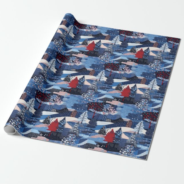 Papier Cadeau Patwork d'arbres de Noël bleus modernes (Déroulé)