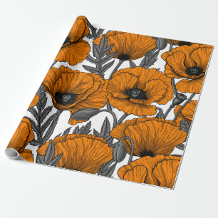 Papier Cadeau Pavot orange sur blanc