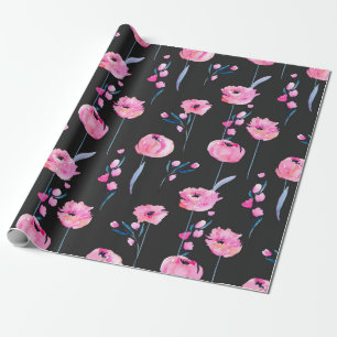 Papier Cadeau Pavot rose aquarelle et branches florales