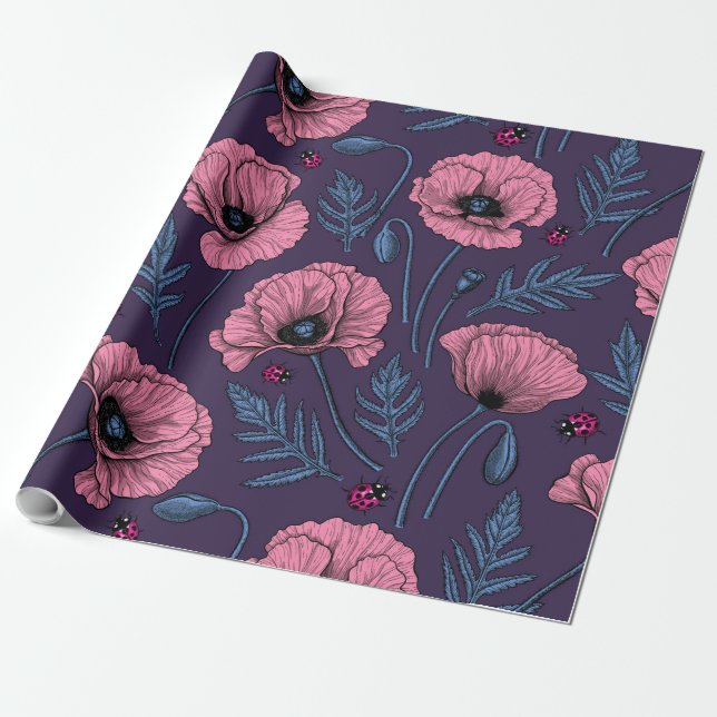 Papier Cadeau Pavot rose sur violet foncé (Déroulé)