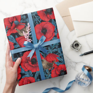 Papier Cadeau Pavot rouge et brunes, feuilles bleus sur noir