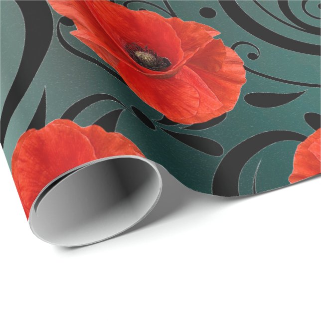 Papier Cadeau Pavot Rouge Fleur Noir Glam Stripes Turquoise (Coin rond)