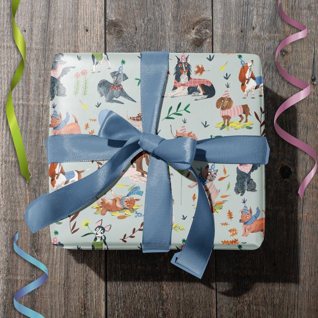 Papier Cadeau Pawty Blue Chien Chien Chien Chien Chien Chiot fêt (Lets Pawty Blue Dog Puppy Birthday Party Wrapping Paper)